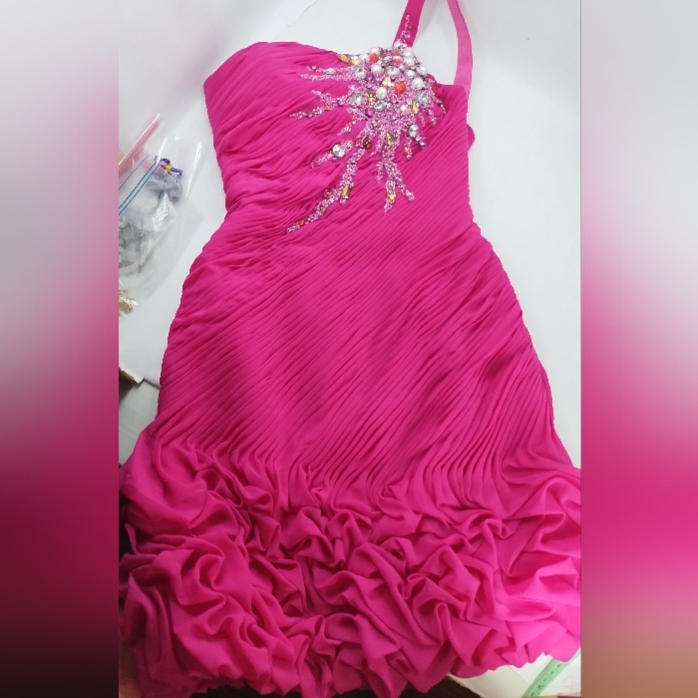 Clarisse Sexy Dress Mermaid Ruffle Fuchsia Pink Prom Rhinestone Faux Pearls